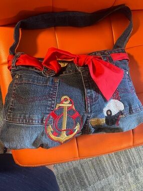 Denim Embroidered Nautical Shoulder Bag with Red Bow